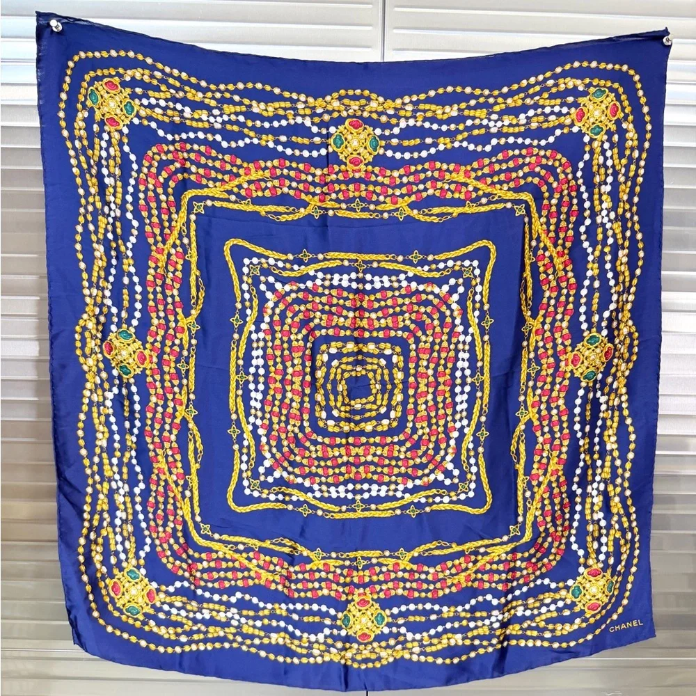 Chanel Vintage Scarf Stole Gem Chain Bijou Pattern